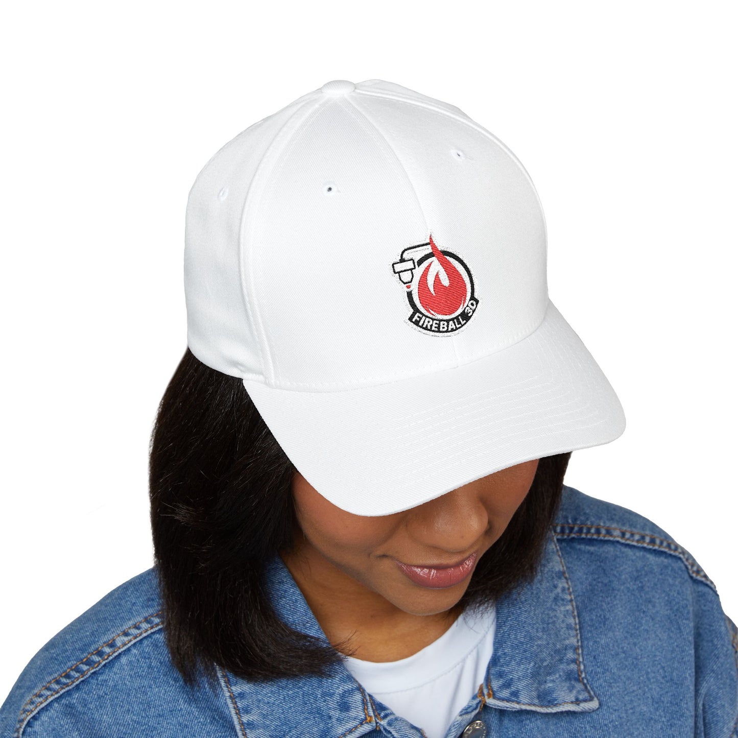 Fireball 3D - Brand Logo - Flame & Text - Red & White - Light Colors - FlexFit Cap