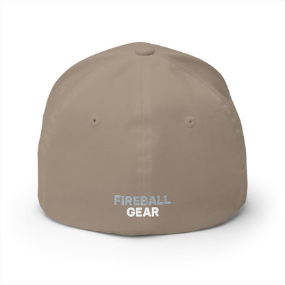 Fireball Gear - Brand Logo - Flame & Gear - Gray & White - FlexFit Cap